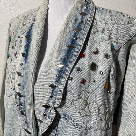 Vintage Jackets & Blazers - VTG Embellished Denim Jacket 80s 90s Beaded Rhinestone glitter floral studded